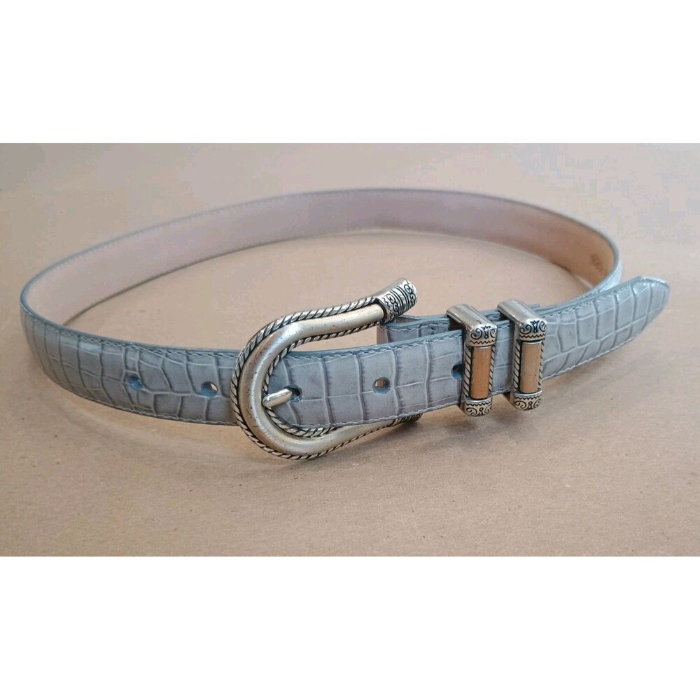 Brighton Ladies Medium 36" Long Off White Grayish Leather Embossed Silver Belt